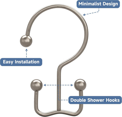 Titanker Shower Curtain Hooks Matte Nickel, Minimalist Simple Double Glide Shower Curtain Rings, Rust Proof Metal Shower Hooks Rings for Bathroom Shower Rods Curtains, Set of 12 Hooks