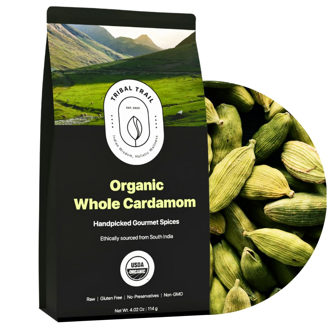 Tribal Trail Organic Green Cardamom Pods (8 mm Bold) | 4.02 oz | USDA Organic & Non-GMO | Ethically Sourced Spices from South India | Recyclable Kraft Bags | Best for Tea, Coffee & Baked Goods