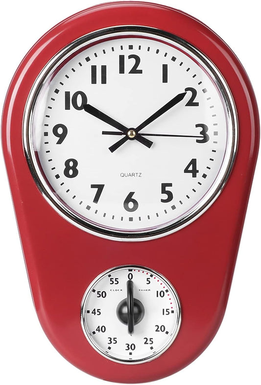 Tyenaza Retro Wall Clock, Vintage Kitchen Clocks, Hanging Clock Home Kitchen Timer Room Decoration Red for Indoor Living Room