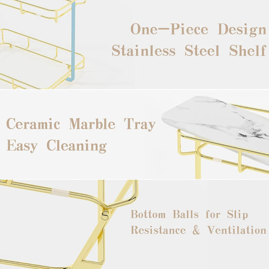 Bathroom Organizer Countertop Perfume Organizer Makeup Organizer Cosmetics Storage Display Rack Vanity Tray Dresser Stainless Steel Gold Shelf White Marble Ceramic Tray