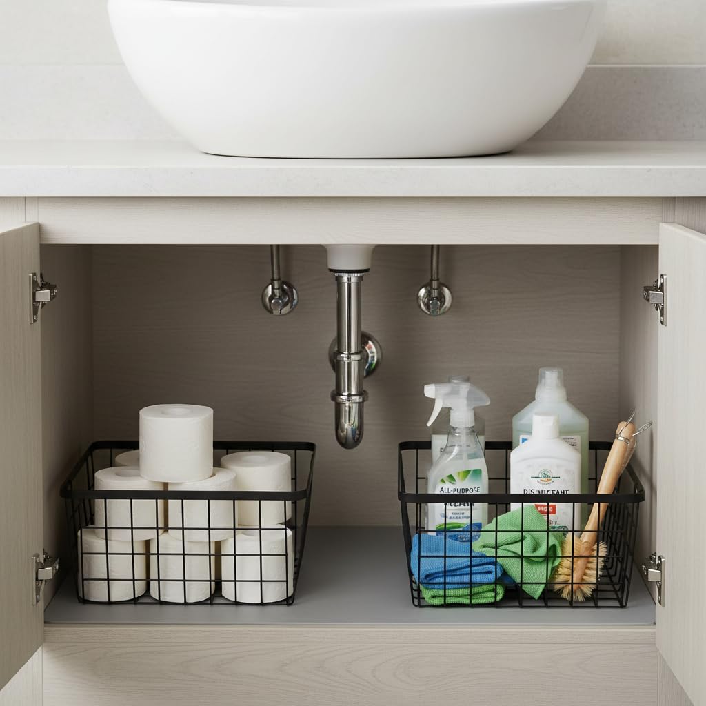 Kitchen Metal Wire Baskets with Handles Food Storage Organizer, Household Refrigerator for Cabinets,Pantry,Bathroom,Black,2 Pack