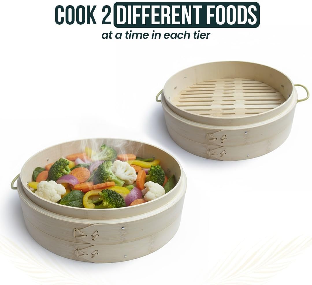 Bamboo Steamer 10-Inch 2-Tier Bamboo Steamer Basket Set with 4 Reusable Silicone Liners - Perfect for Healthy Cooking of Dumplings, Bao Buns, Vegetables, and Rice