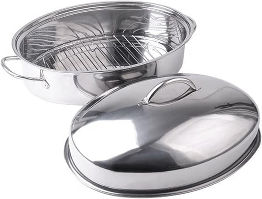 Stainless Steel Oval Roaster Pan, Serving Platter Cookie Trays Dish, Dishwasher & Oven use, Covered Turkey Roasting Pan for Cooking Chicken, Fish, Lasagna