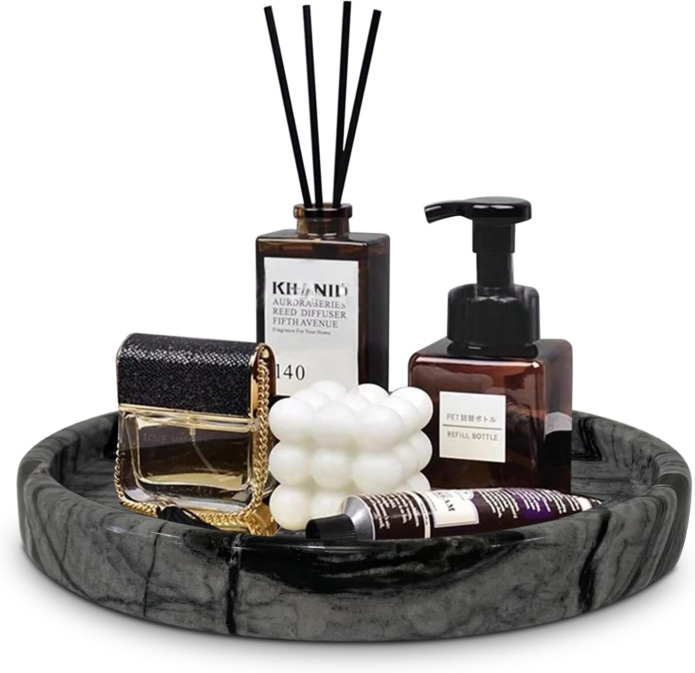 Travertine Tray, Small Ceramic Vanity Tray for Bathroom Counter Decor, Round Marble Decorative Trays for Coffee Table (Grey Black, Medium Size)