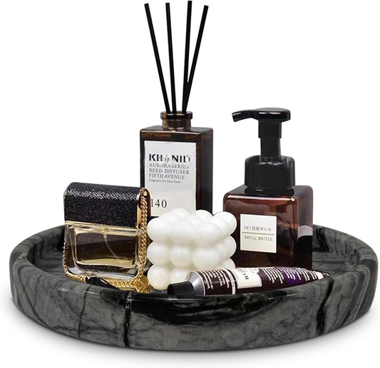 Travertine Tray, Small Ceramic Vanity Tray for Bathroom Counter Decor, Round Marble Decorative Trays for Coffee Table (Grey Black, Medium Size)