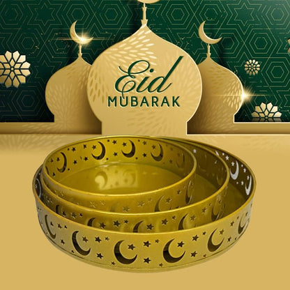 3PCS Ramadan Decoration Ramadan Trays, Ramadan Decor Metal Moon Ramadan Tray Set Eid Mubarak Plates Food Storage Containers Round Dinner Plate for Eid and Eid Al-adha Ramadan Activity Party Favor