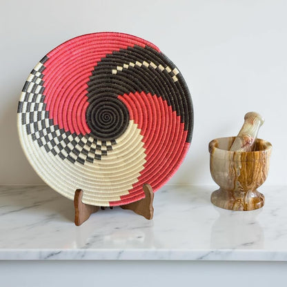 Handwoven African Basket Handmade sisal Fruit Bowl Wall Hanging decorative Baskets for Home Living Room Kitchen Centerpiece Zen Designs Arts and Crafts (Swirl Black Red, 10in diameter)
