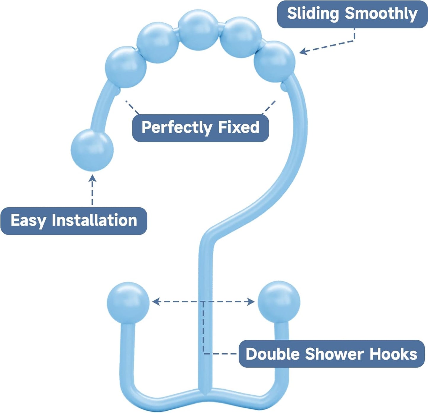 Titanker Shower Curtain Hooks, Rust Resistant Shower Curtain Rings for Bathroom, Metal Double Glide Shower Hooks Hangers for Bathroom Shower Rods Curtains, Set of 12 Hooks - Blue