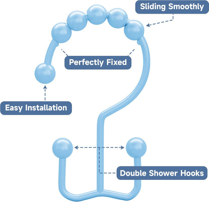 Titanker Shower Curtain Hooks, Rust Resistant Shower Curtain Rings for Bathroom, Metal Double Glide Shower Hooks Hangers for Bathroom Shower Rods Curtains, Set of 12 Hooks - Blue