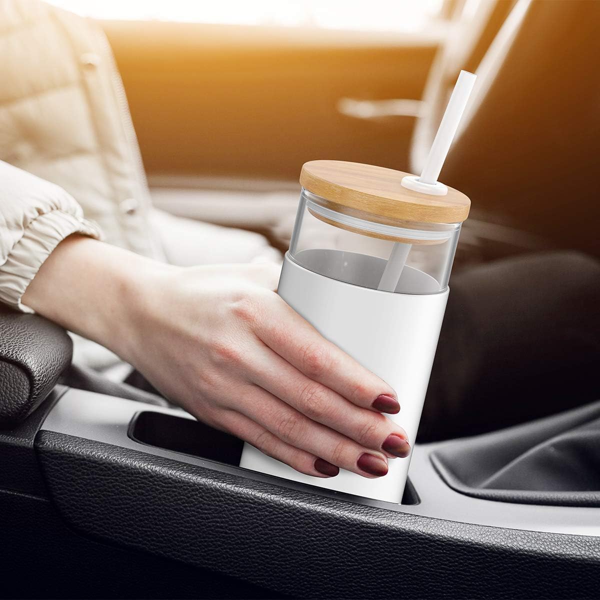 Tronco 20 oz Glass Tumbler with Lid and Straw, Iced Coffee Cup and Smoothie Cup with Bamboo Lids & Protective Silicone Sleeve, Dishwasher Safe, BPA-Free, Glass Cup 1 Pack