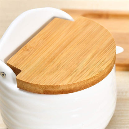 Ceramic Sugar Bowl with Bamboo Lids and Spoons Serving Tray, Porcelain Sugar Container for Sugar Tea Coffee Spice,Salt Condiment with Chalkboard Labels for Home Kitchen,9.1 fl oz 270 ML