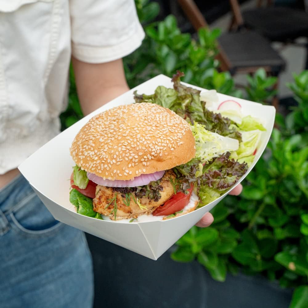 Restaurantware Bio Tek 2 Pound Food Boats 200 Disposable Paper Food Trays - Heavy-Duty Greaseproof White Paper Boats For Snacks Appetizers Or Treats Use At Parties Or Carnivals