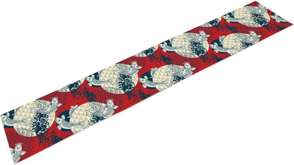 Japanese Kio Fish Table Runner, Line Art Colorful Janan Style Oriental Table Runner for Kitchen Study Living Room Home Bedroom, Red and Blue, 13x108 Inch