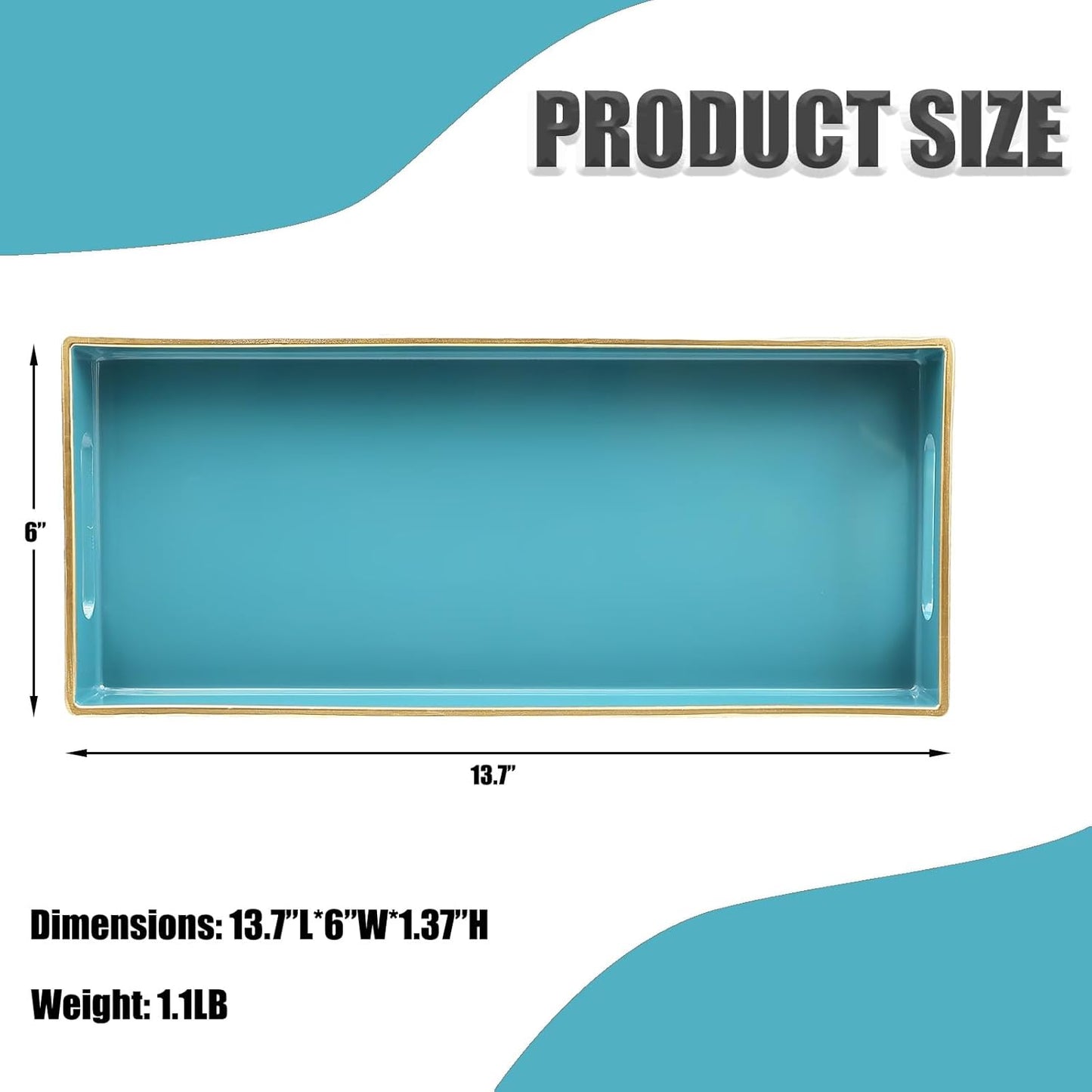 Teal Blue Vanity Tray with Handles, Decorative Tray Desktop Storage Organizer for Bathroom, Living Room, 5.9"*13.7"