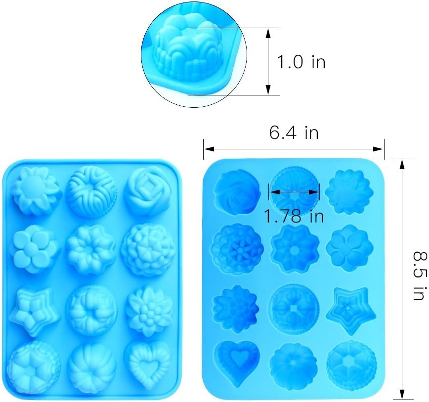 homEdge Food Grade Silicone Flowers Molds, Baking Pan with Flowers and Heart Shape Non-Stick 3-Pack Silicone Molds for Chocolate, Candy, Jelly, Ice Cube, Muffin (Pink, Blue and Green)