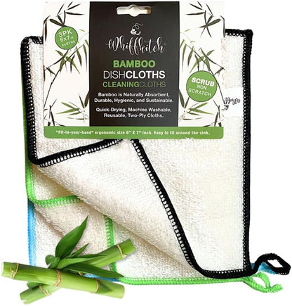 Whiffkitch Dishcloths Dishrags for Kitchen and Household Cleaning 6x7 3-Pack Non-Scratch 2-Ply Weave, Bamboo-Rayon Fabric, Absorbent, Washable, Long-Lasting