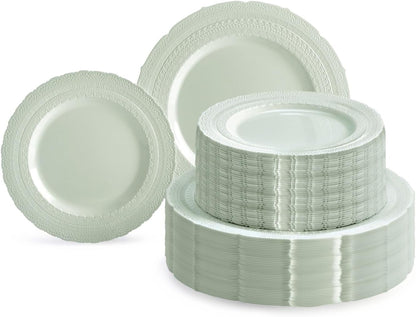 " OCCASIONS " 120 Plates Pack,(60 Guests) Extra Heavyweight Vintage Wedding Disposable/Reusable Plastic Plates 60 x 11'' Dinner + 60 x 8.25'' Salad/Dessert Plate (Chateau in Mint)