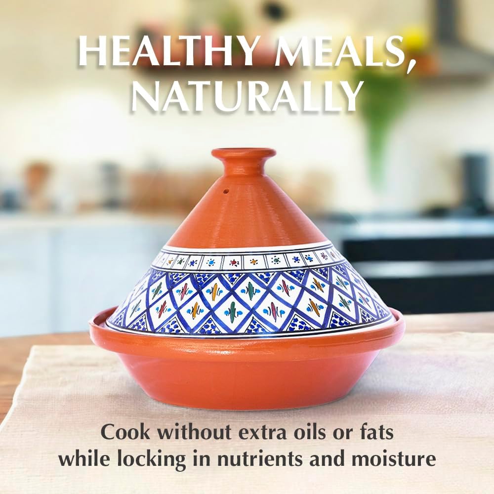 Kamsah Tagine Pot for Cooking and Flavor Enrichment - Large Clay Pot 12”, 5.5 QT - Non-Stick Handmade Cookware - Moroccan Ceramic Pots for Cooking with Lid & Serving Bowl - Bohemian Classic Blue