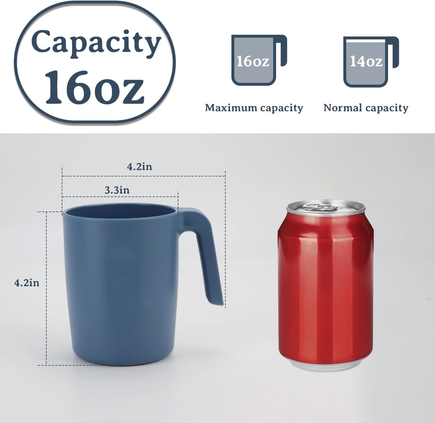 Wrova 16oz Wheat Straw Cups with handles set of 6-Plastic Cups Reusable-Unbreakable Kids Mugs-Dishwasher Safe & Microwave Safe-Ideal Plastic Mugs for Tea,Coffee,Camping,RV-Navy Blue