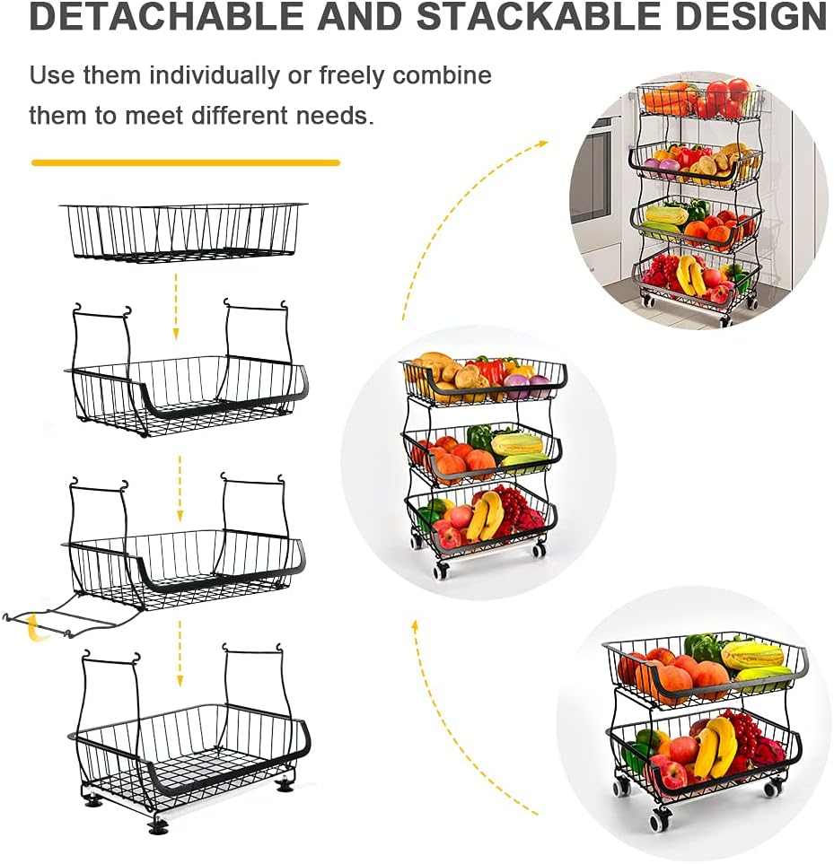Miyawell Fruit Vegetable Storage Basket, 4 Tier Stackable Metal Wire Storage Baskets with Wheels, Fruit Vegetable Produce Basket Organizer Bins for Kitchen, Pantry, Bathroom