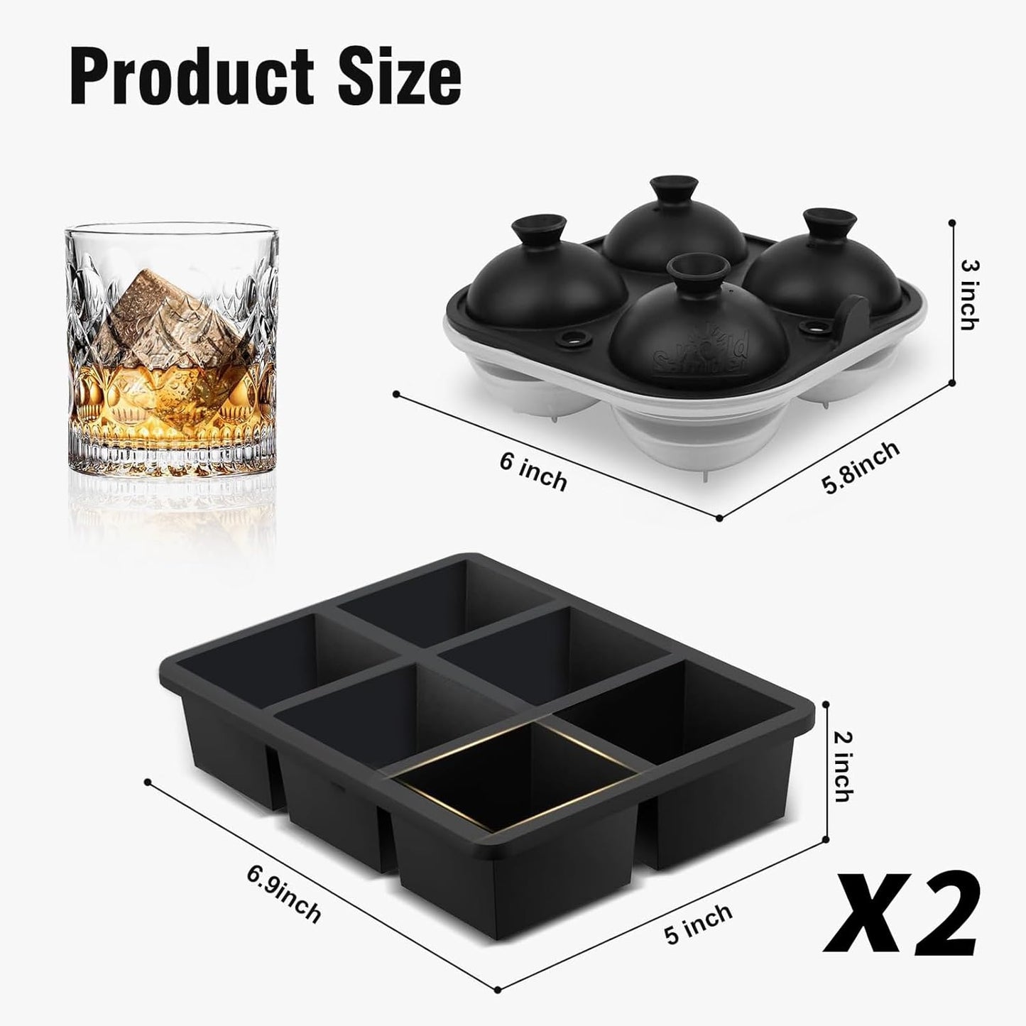 Samuelworld Premium Ice Tray Combo (3 Pack), Large Ice Sphere Maker & New Upgraded Ice Cube Trays, Food Grade, Easy To Use, Spill-Free Integrated Funnels, Whiskey Bourbon Cocktails, Black