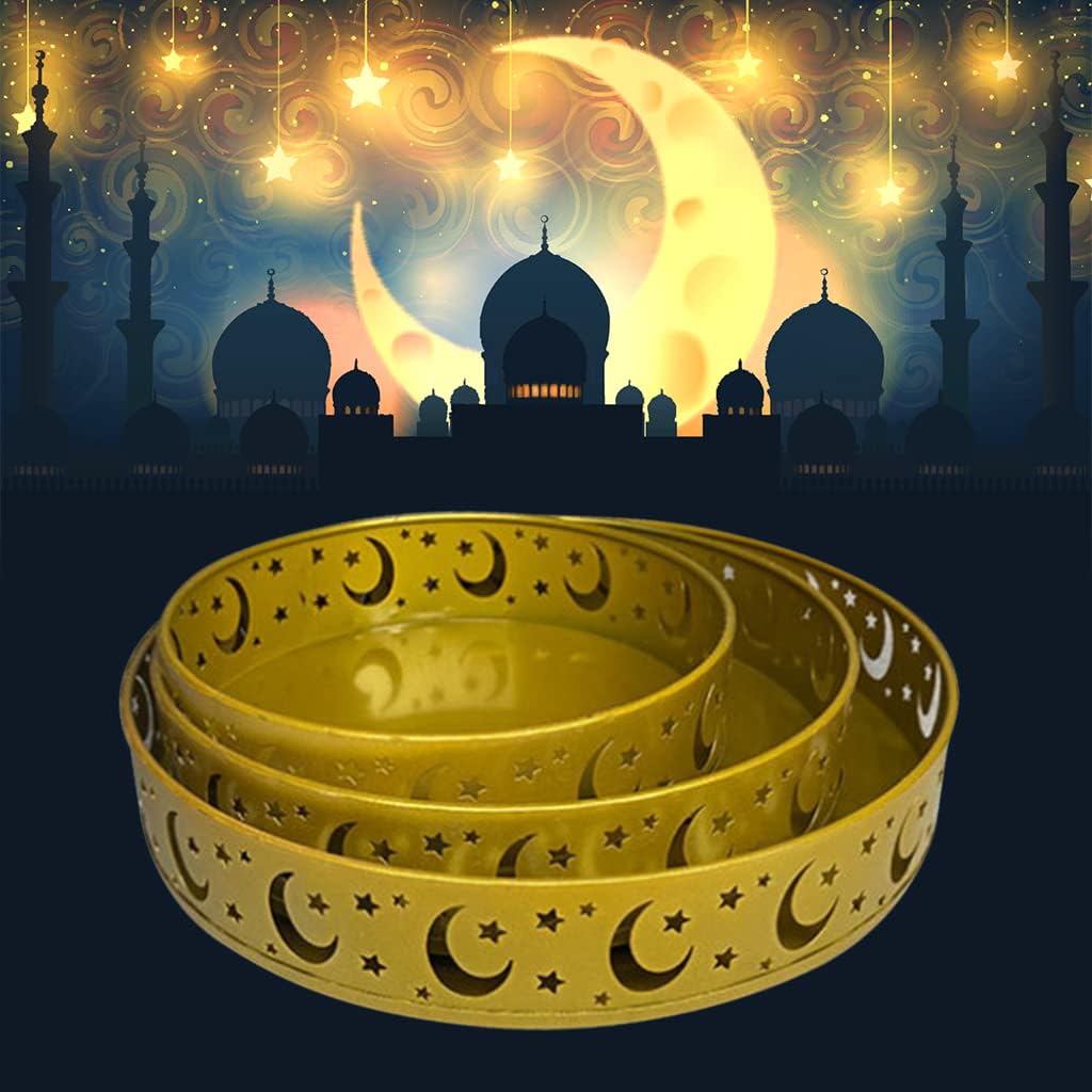 3PCS Ramadan Decoration Ramadan Trays, Ramadan Decor Metal Moon Ramadan Tray Set Eid Mubarak Plates Food Storage Containers Round Dinner Plate for Eid and Eid Al-adha Ramadan Activity Party Favor