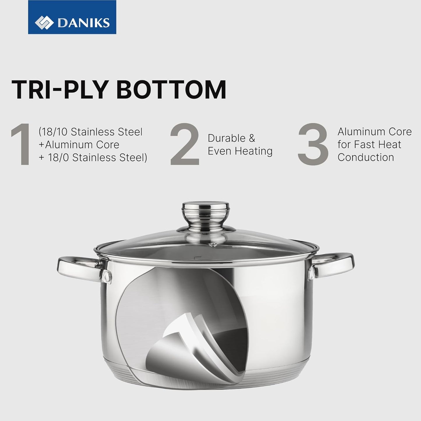 Daniks Standard Stainless Steel Stock Pot with Glass Lid – Induction 3 Quart, Dishwasher Safe, Measuring Scale, For Soup, Pasta, Stew, Silver