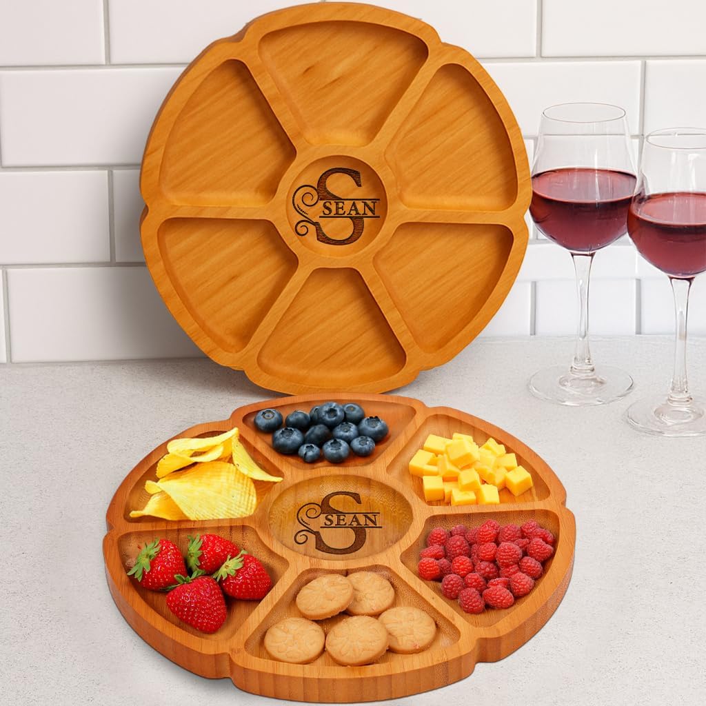Custom Engraved Bamboo 11" Serving Tray – Personalized 7-Divided Flower Petal Platter, Perfect for Snacks, Appetizers, Charcuterie, Parties, Weddings, Housewarming, and Entertaining Gifts