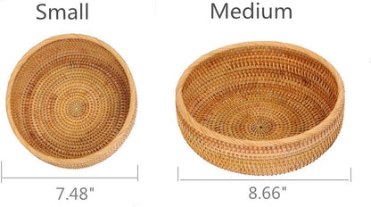 Set of 2 Round Rattan Bowl Baskets, 8 9 Inch Handmade Wicker Basket Tray with 3”Deep Wall, Decorative Woven Brown Bread Basket Fruit Bowl Table Key Holder, 2-Size