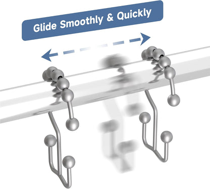 Titanker Shower Curtain Hooks Rings, Rust-Resistant Metal Double Glide Shower Hooks for Bathroom Shower Rods Curtains, Set of 12 Hooks - Space Silver