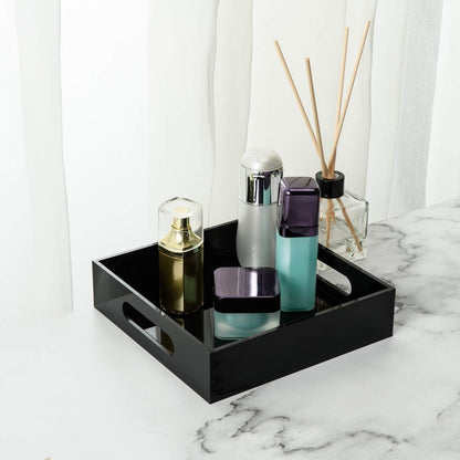 Black Sturdy Acrylic Tray with Handles-8x8 Inch- Countertop Organizer Tray for Kitchen,Bathroom,Office- Storage Box for Cosmetics, Jewelry,Toiletries,Toy,Gadgets