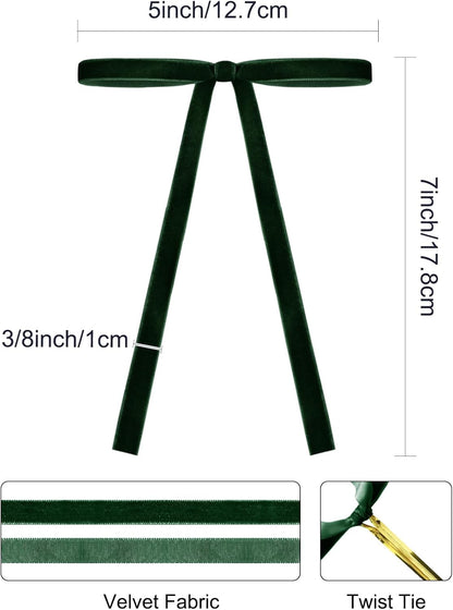 SIMISI RIBBON 24Pcs Green Christmas Velvet Ribbon Bows Decorations Xmas Ornaments Vintage Decor for Tree, Wreath, Garland (3/8'' Width, 5 * 7 inch)