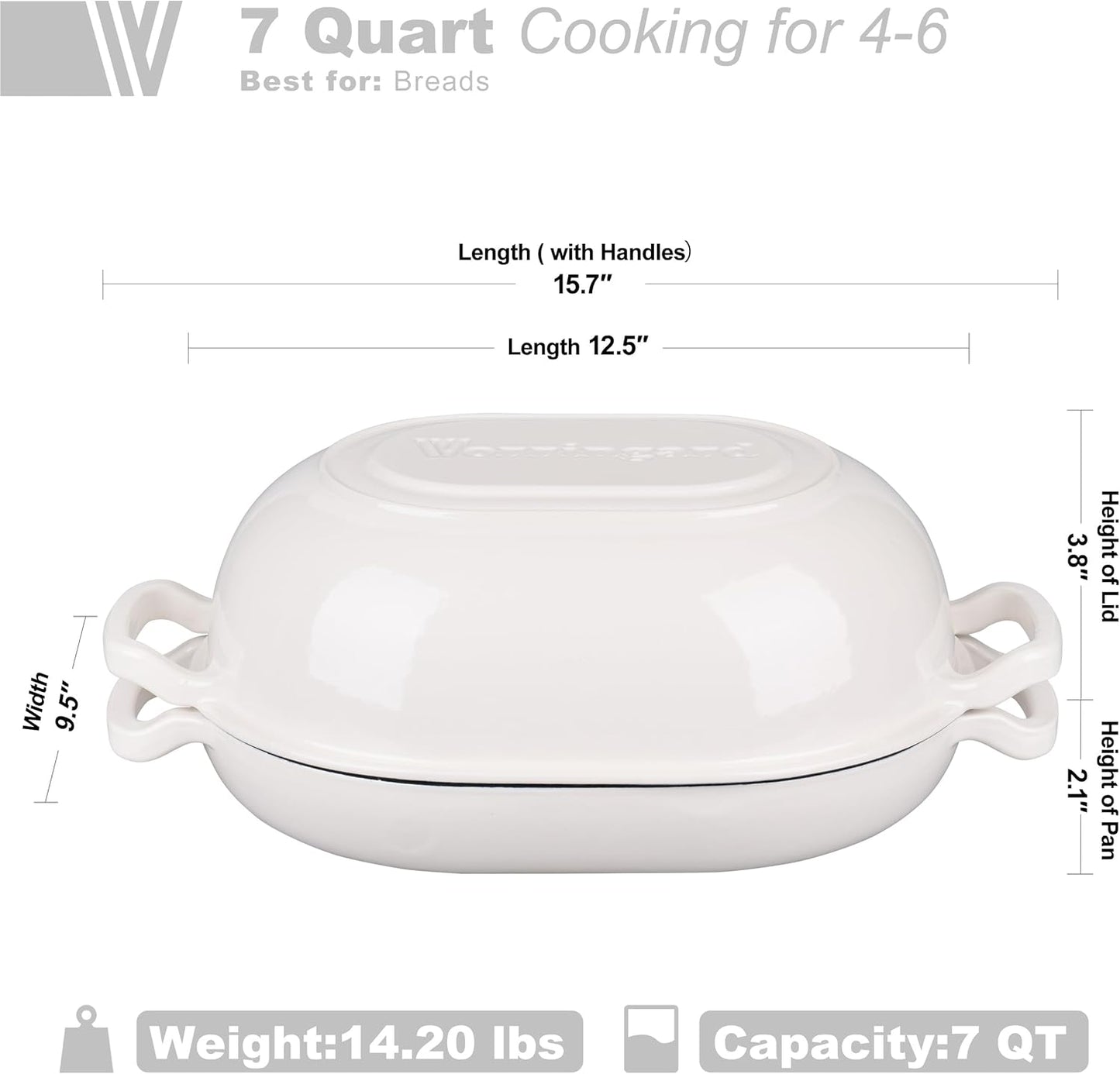 Enameled Cast Iron Sourdough Bread Oven, Dutch Oven, Loaf Cast Iron Bread Pan for Homemade Bread Baking, Meatloaf Pan with Lid, 7QT, White