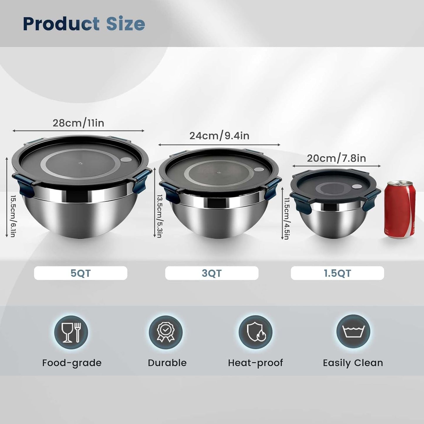 Daily Treasures Mixing Bowls with Airtight Clear Lids Set of 3,Thicker Stainless Steel Mixing Bowl Set,Nesting Bowls for Cooking, Prepping, Baking, Serving & Food Storage, Size 5, 3, 1.5QT