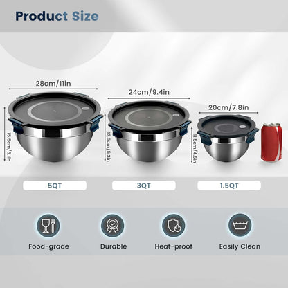 Daily Treasures Mixing Bowls with Airtight Clear Lids Set of 3,Thicker Stainless Steel Mixing Bowl Set,Nesting Bowls for Cooking, Prepping, Baking, Serving & Food Storage, Size 5, 3, 1.5QT