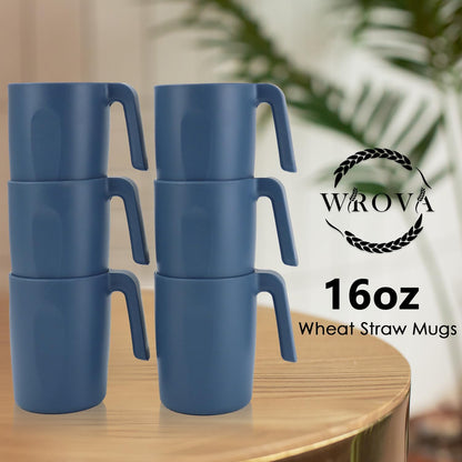 Wrova 16oz Wheat Straw Cups with handles set of 6-Plastic Cups Reusable-Unbreakable Kids Mugs-Dishwasher Safe & Microwave Safe-Ideal Plastic Mugs for Tea,Coffee,Camping,RV-Navy Blue