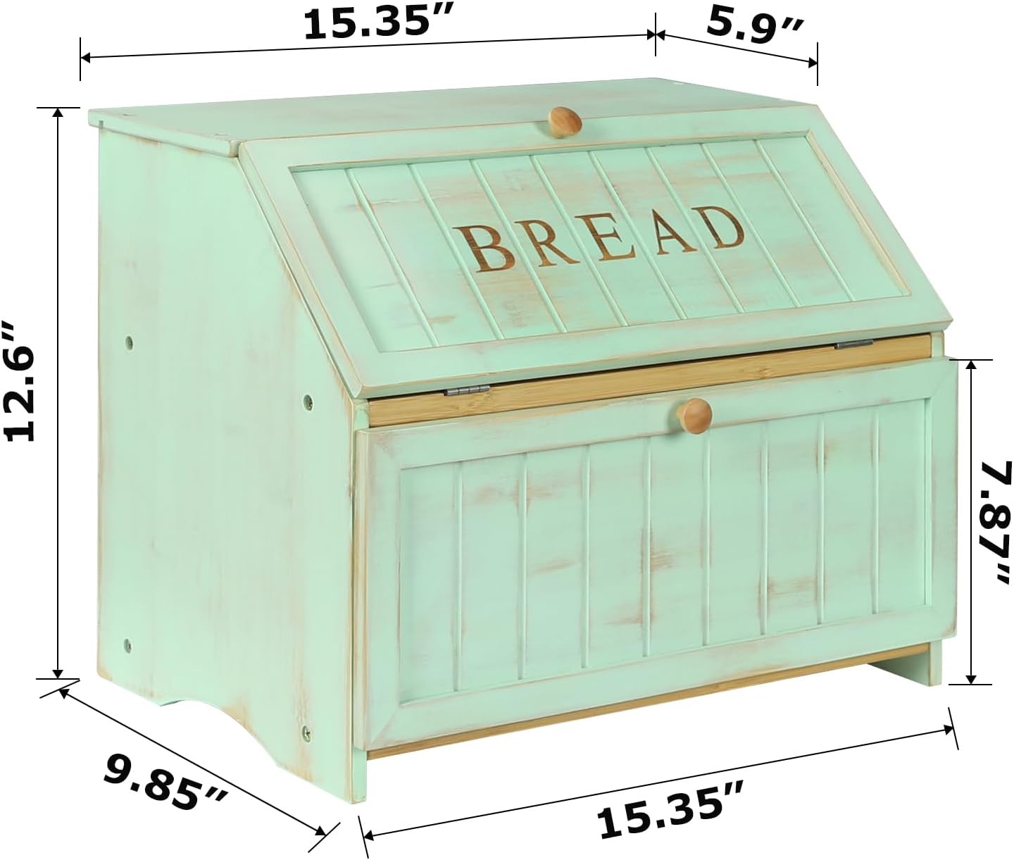 HOMEKOKO Double Layer Large Bread Box for Kitchen Counter, Retro Design Wooden Large Capacity Bread Storage Bin (Mint Green)