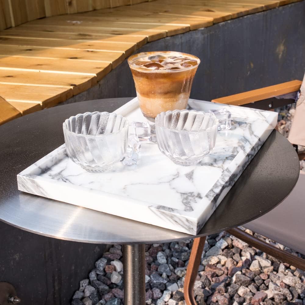 Real Luxurious Natural Marble Vanity Tray Genuine Marble Storage Tray for Home Decor Stone Tray for Bathroom/Kitchen/Vanity/Dresser Non-Resin/(arabescato)