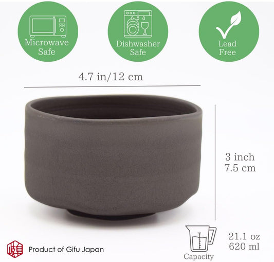 Ceramic Matcha Bowl – Handmade Chawan Matcha Bowl, Japanese Bowl, Charcoal Gray, 21.1 oz, 620ml Made in Japan