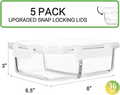 [5-Pack,36 Oz]Glass Meal Prep Containers 2 Compartments Portion Control with Upgraded Snap Locking Lids Glass Food Storage Containers, Microwave, Oven, Freezer and Dishwasher (4.5 Cups, White)