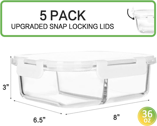 [5-Pack,36 Oz]Glass Meal Prep Containers 2 Compartments Portion Control with Upgraded Snap Locking Lids Glass Food Storage Containers, Microwave, Oven, Freezer and Dishwasher (4.5 Cups, White)