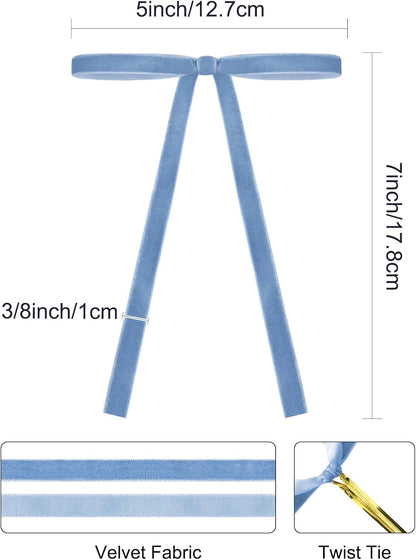 SIMISI RIBBON 24Pcs Light Blue Christmas Velvet Ribbon Bows Decorations Xmas Ornaments Vintage Decor for Tree, Wreath, Garland (3/8'' Width, 5 * 7 inch)