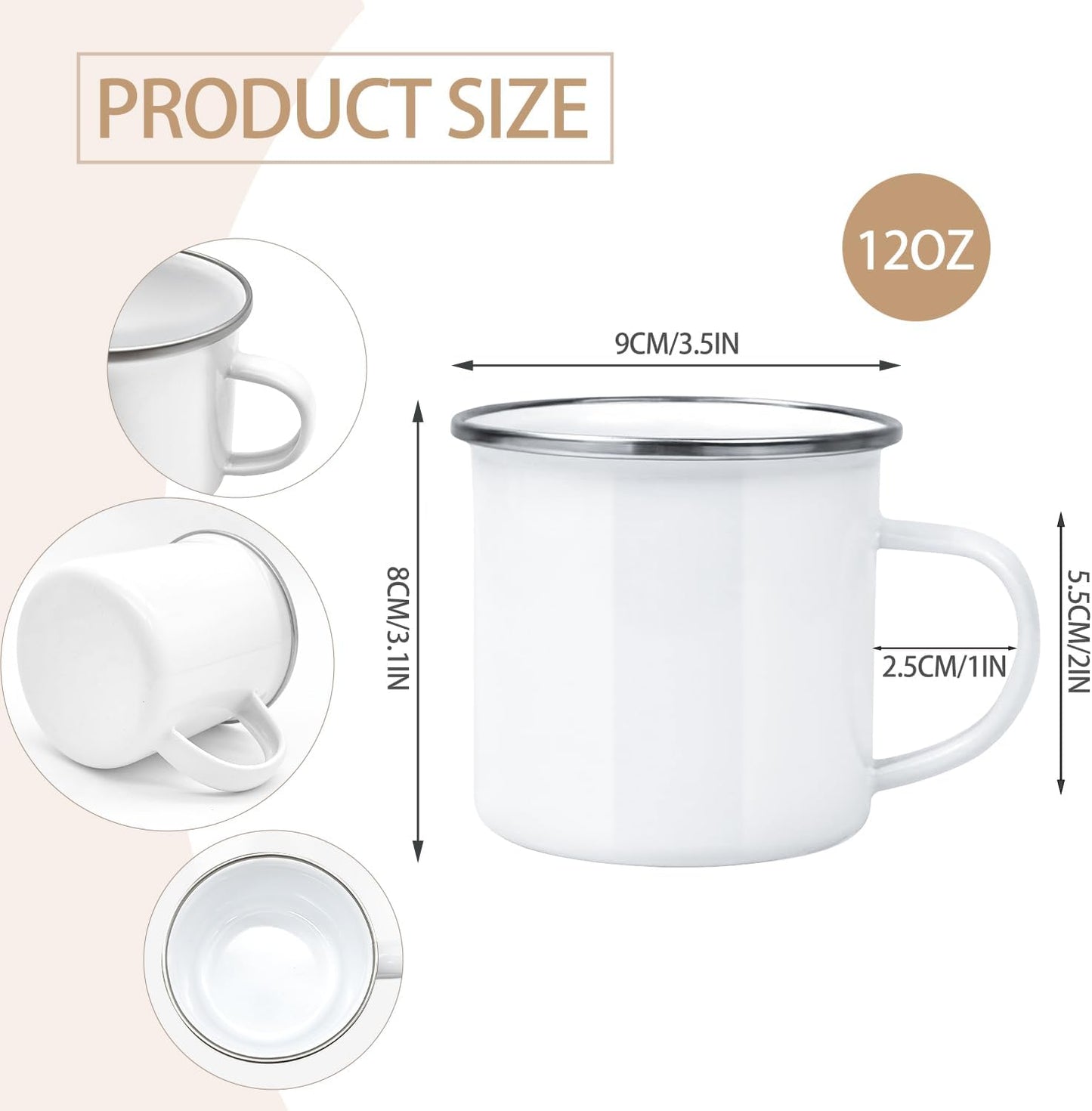 YOUKE OLA 16 Pack Sublimation Blanks Enamel Mug Camping Outdoor Coffee Travel Metal Mug with Silver Rim for Heat Transfer DIY Gift White 12oz