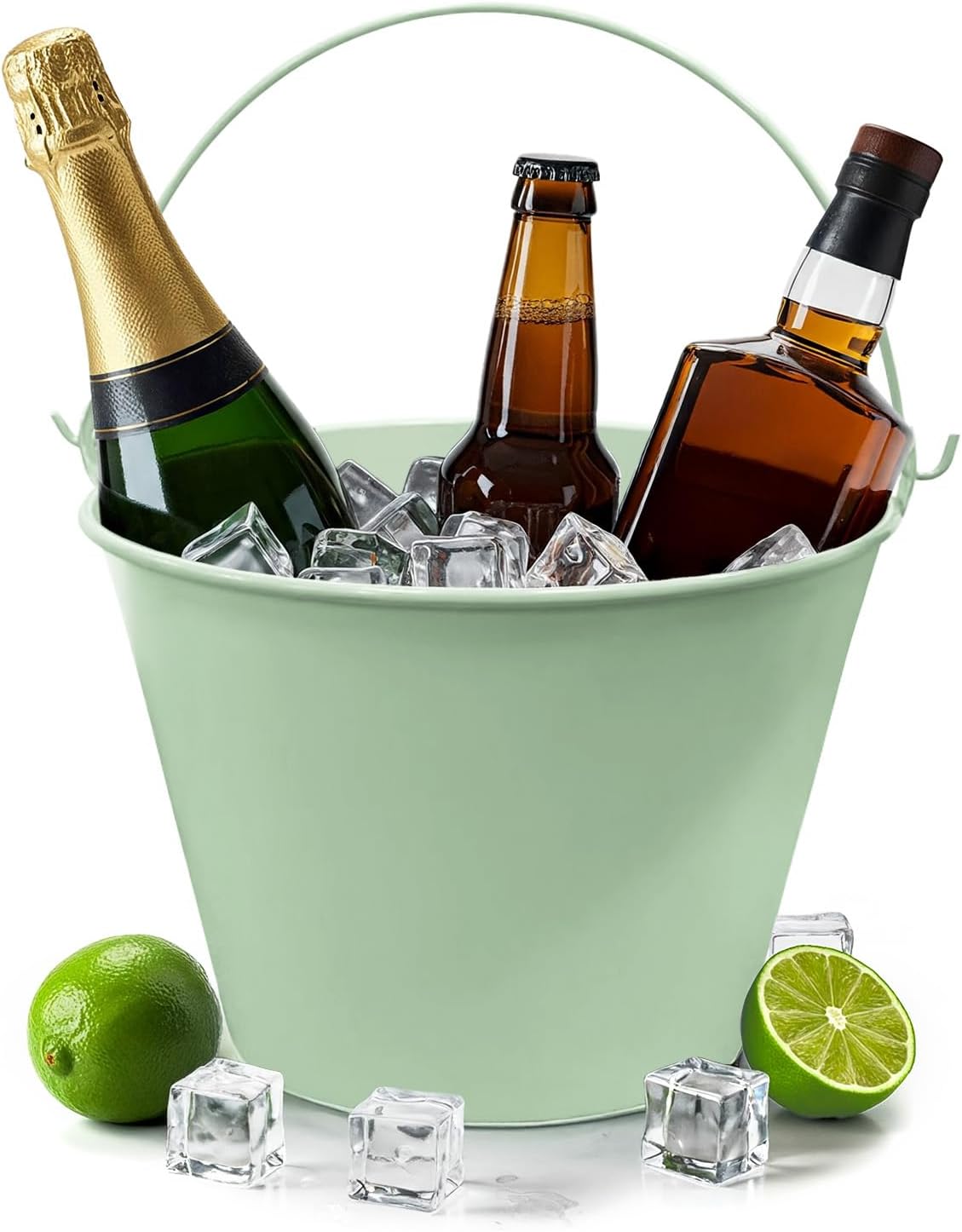 PLEXON Galvanized Metal Ice Bucket for Parties Coctail Bar Restaurant - Drink Beer Champagne Metal Pail Bucket with Handle, Beverage Chiller Cooler Small 1.3 Gallon, Green