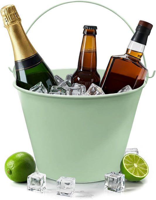 PLEXON Galvanized Metal Ice Bucket for Parties Coctail Bar Restaurant - Drink Beer Champagne Metal Pail Bucket with Handle, Beverage Chiller Cooler Small 1.3 Gallon, Green