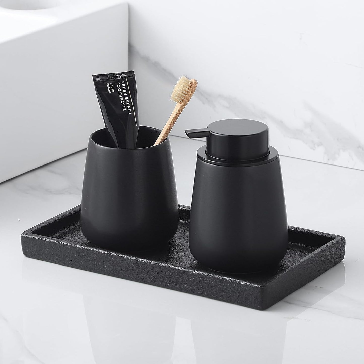 Bathroom Vanity Tray - 11'' Ceramic Rough-Textured Rectangle Countertop Tray, Heavy-Duty Perfume Organizer Plate, Jewelry Ring Tray, Kitchen Soap Dispenser Stone Trays, Black