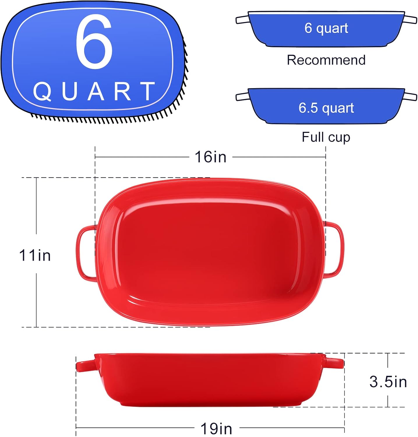 6 Quart Large Rectangular Baking Dish, 16x11 Inches Ceramic Baking Pan Casserole Dish for Cooking,Kitchen and Daily Use, Safe for Oven Microwave Refrigerator Disinfection Cabinet and Dishwasher,Red