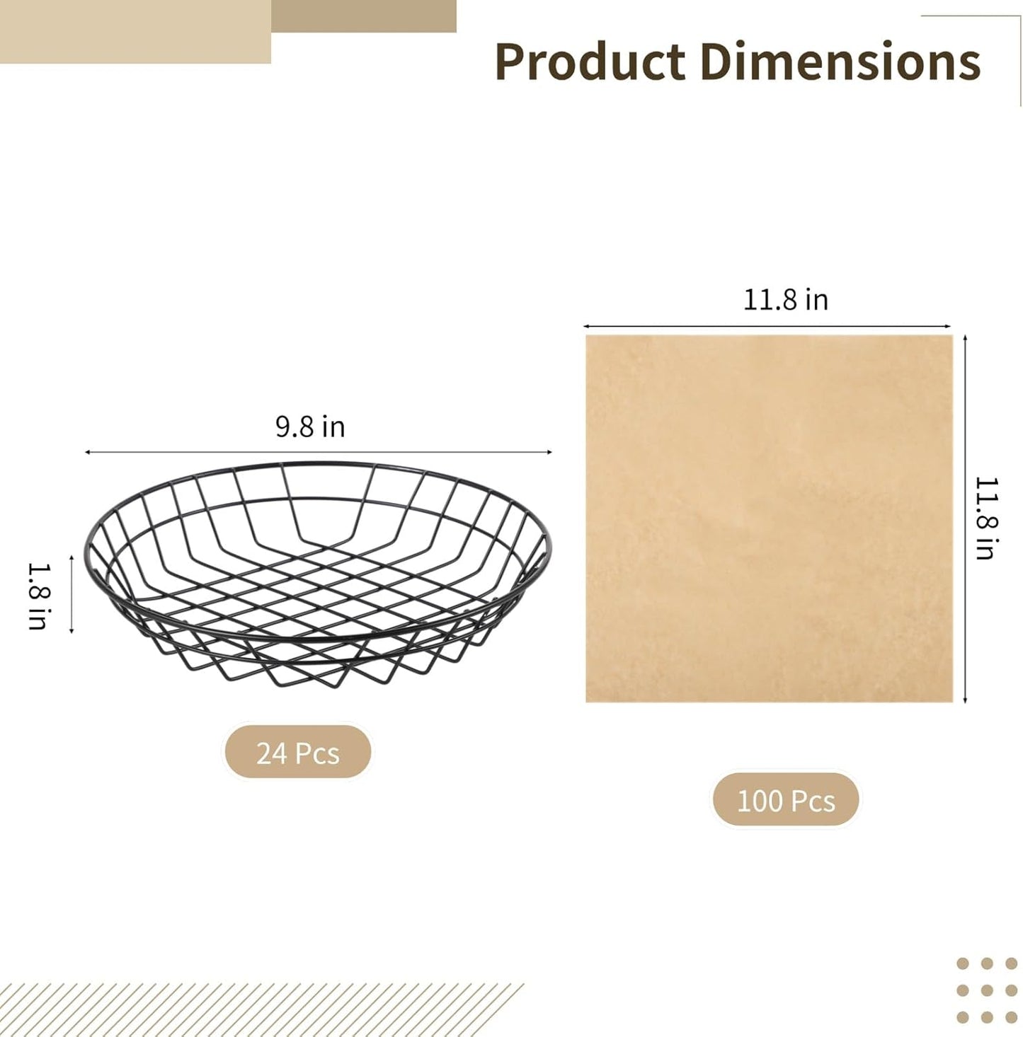 24 PCS Food Serving Wire Baskets, 9.8 x 9.8 x 1.8 Inch Wire Bread Baskets with 100 Sheets Deli Wrapper, Metal Snack Basket with Oil-Absorbing Paper for Restaurant Party