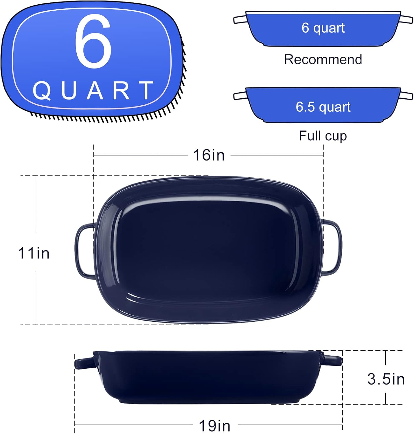6 Quart Large Rectangular Baking Dish, 16x11 Inches Ceramic Baking Pan Casserole Dish for Cooking,Kitchen and Daily Use, Safe for Oven Microwave Refrigerator Disinfection Cabinet and Dishwasher,Blue