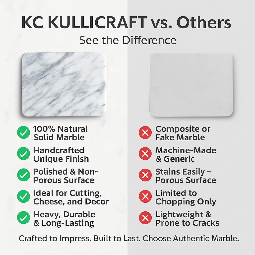 KC KULLICRAFT 8×12 Inches White Marble Cheese & Charcuterie Serving Board – Natural Marble Cutting Board & Pastry Slab with Non‑Slip Feet – Premium Stone Kitchen Tray Gift.